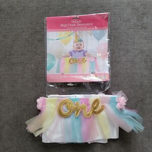 Girls My 1st birthday 3pc starter pack Hat pastel Bib high chair skirt…